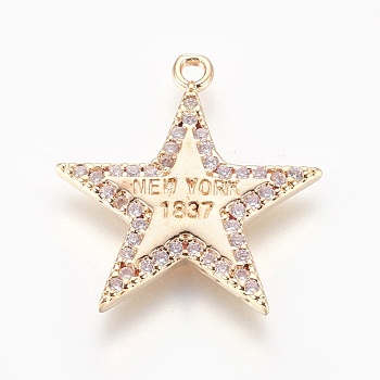 Brass Cubic Zirconia Pendants, Star with Word, Clear, Light Gold, 24.5x22.5x2mm, Hole: 1.8mm
