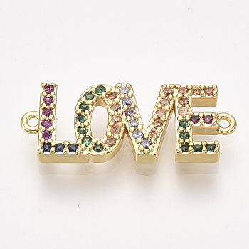 Brass Micro Pave Cubic Zirconia Links, Word Love, Colorful, Golden, 8.5x22x2.5mm, Hole: 0.8mm
