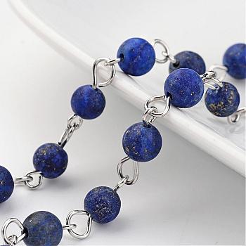 Handmade Chains, Natural Lapis Lazuli Round Beaded Chains, Unwelded, with Brass Eye Pin, Silver Color Plated, 39.3 inch