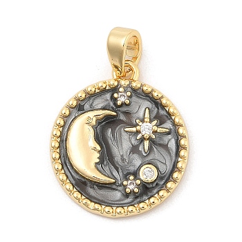 Rack Plating Brass Rhinestone Pendants, with Enamel, Flat Round with Moon & Star Charm, Real 18K Gold Plated, Black, 19.5x17x3mm, Hole: 5x3mm