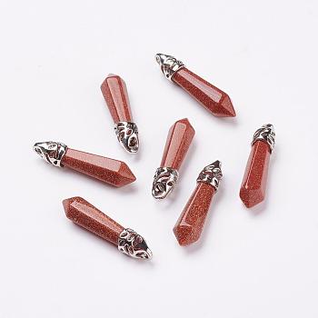 Synthetic Goldstone Pointed Pendants, with Platinum Tone Alloy Findings, Bullet, 33~40x8~9x8~9mm, Hole: 3x4mm