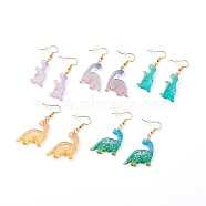 Acrylic Dinosaur Pendants Dangle Earrings, with Brass Hooks, Mixed Color, 55mm, Pin: 0.6mm(EJEW-JE04581)