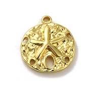 304 Stainless Steel Pendants, Textured, Flat Round with Starfish Charm, Real 18K Gold Plated, 17x15.5x3mm, Hole: 1.4mm(STAS-Q322-04G)
