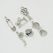 Sewing Knitting Metal Charms Tibetan Style Alloy Pendants, Scissor, Pipe, Safety Pin, Yarn Clew, Button, Sewing Machine Charms, for DIY Jewelry Making and Crafting, Lead Free, Antique Silver, 15~31x6.5~18x1.5~3mm, Hole: 1.5~3mm, 6pcs/set(TIBEP-X0047-AS-LF)