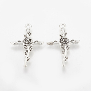 Tibetan Style Alloy Pendants, Cross with Rose, Cadmium Free & Lead Free,, Antique Silver, 34.5x23.5x3mm, Hole: 2mm, about 540pcs/1000g(TIBE-Q075-63AS-LF)