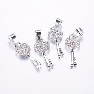 Long-Lasting Plated Brass Micro Pave Cubic Zirconia Pendants, Heart Key, Real Platinum Plated, 18x7x2.5mm, Hole: 3.5mm(ZIRC-F069-45P)