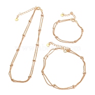 Brass Curb Chains Multi-strand Bracelets, Anklets & Necklaces Jewelry Sets, with Brass Beads, Spring Ring Clasps and  304 Stainless Steel Heart Charms, Golden, 13.97inch(35.5cm), 6-3/4 inch(17cm), 9-5/8 inch(24.5cm), 3pcs/set(X-SJEW-JS01134)