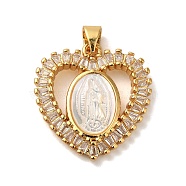 Brass Micro Pave Clear Cubic Zirconia Pendants, with Shell, Lead Free & Cadmium Free, Long-Lasting Plated, Heart with Virgin Mary, Real 18K Gold Plated, 22.5x21x4mm, Hole: 4x3mm(KK-K345-08G)