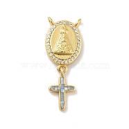Brass Charms, with Shell, Cadmium Free & Lead Free, Long-Lasting Plated, Oval with Cross, Real 18K Gold Plated, Light Steel Blue, 30mm, Hole: 1.5mm(KK-B059-52G-B)