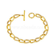 SHEGRACE Brass Curb Chain Bracelets, with Grade AAA Cubic Zirconia and Toggle Clasps, Real 18K Gold Plated, Clear, 7-7/8 inch(20cm)(JB005A-X)