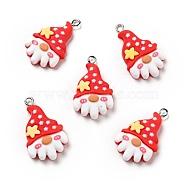Christmas Opaque Resin Pendants, with Platinum Tone Iron Loops, Gnome with Hat Charm, Red, 31x18x6mm, Hole: 2x2.5mm(RESI-G043-B06)