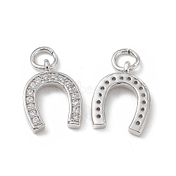 Brass Micro Pave Cubic Zirconia Charms, with Jump Ring, Horseshoe Charm, Platinum, 13x10x3mm, Hole: 3mm(KK-E068-VB277)