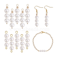 10Pcs Triple Shell Pearl Round Beaded Connector Charms, with Golden 304 Stainless Steel Ball Head Pins & Iron Eye Pin & Brass Beads, White, 30.3~30.4x8mm, Hole: 2mm(PALLOY-SW00003-10)