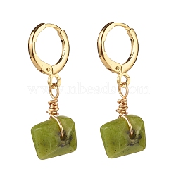 Natural Canadian Jade Bead Dangle Earrings for Women, Brass Huggie Hoop Earrings, Golden, 31mm, Pin: 0.7mm(EJEW-JE04822)