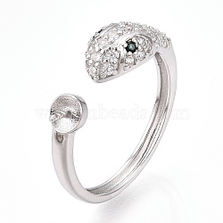 Rhodium Plated 925 Sterling Silver Micro Pave Cubic Zirconia Open Cuff Ring Settings, for Half Drilled Beads, with S925 Stamp, Snake, Platinum, US Size 6 3/4(17.1mm), Pin: 0.8mm, Snake: 13.5x6.5x4mm, Tray: 4mm(STER-T007-125P)