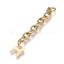 304 Stainless Steel Chain Extender, with Cable Chain and Letter Charms, Golden, Letter.R, 67.5mm, Link: 8x6x1.3mm, Letter R: 11x9x0.7mm(X-STAS-K206-09G-R)