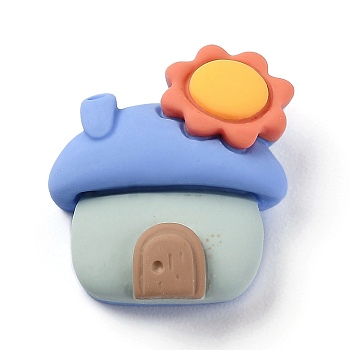 Resin Cabochons, House with Sun, Blue, 24x20x8.5mm