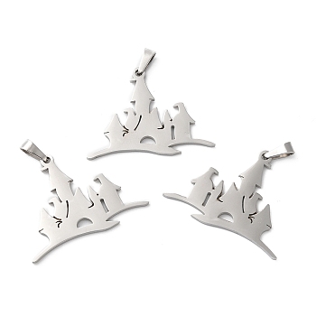 304 Stainless Steel Pendants, Castle Charm, Stainless Steel Color, 24.5x32.5x1.5mm, Hole: 6.5x3.5mm