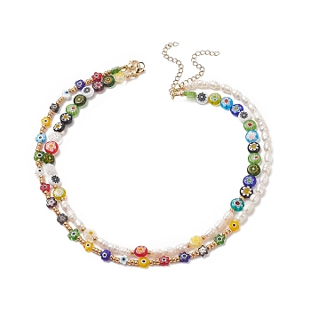 2Pcs 2 Styles Handmade Millefiori Glass & Natural Pearl & Glass Seed Beaded Necklaces Set for Women, Mixed Color, 14.57~15.75 inch(37~40cm), 1Pc/style