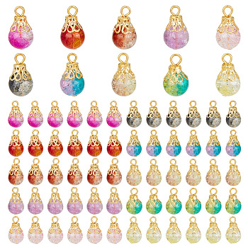 100Pcs 10 Color Spray Painted Crackle Glass Pendant, with Golden Iron Findings, Round Charms, Mixed Color, 18x10mm, Hole: 2.5mm, 10Pcs/color