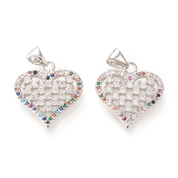 Brass Micro Pave Clear Cubic Zirconia Pendants, Long-Lasting Plated, Heart, Colorful, Platinum, 23x18x3mm, Hole: 5x4mm