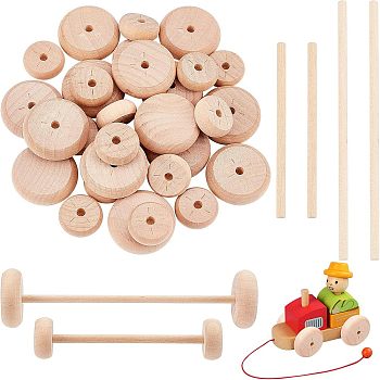 32Pcs 2 Style Schima Wood Vehicle Wheels and 20Pcs 2 Style Schima Wood Sticks, Toy Making Accessories, BurlyWood, Wheels: 2.55~3.8x1.0~1.2cm, Hole: 4.5mm, 16pcs/style, Sticks: 10~15x0.5mm, 10pcs/style