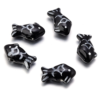 Pearlized Handmade Porcelain Beads, Fish, Black, 20x12mm, Hole: 2.2mm, about 5pcs/bag