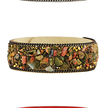Flannelette Snap Bracelets, with Alloy Button and Natural Gemstone, Light Goldenrod Yellow, 65mm(2-1/2 inch)
