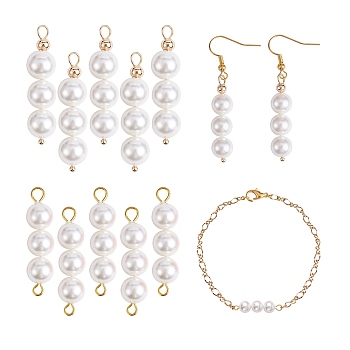 10Pcs Triple Shell Pearl Round Beaded Connector Charms, with Golden 304 Stainless Steel Ball Head Pins & Iron Eye Pin & Brass Beads, White, 30.3~30.4x8mm, Hole: 2mm