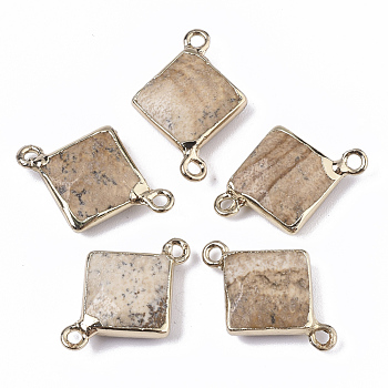 Natural Picture Jasper Links connectors, with Golden Tone Iron Edge, Faceted, Rhombus, 22~23.5x16.5x5.5mm, Hole: 1.5mm, Diagonal Length: 22~23.5mm, Side Length: 12mm