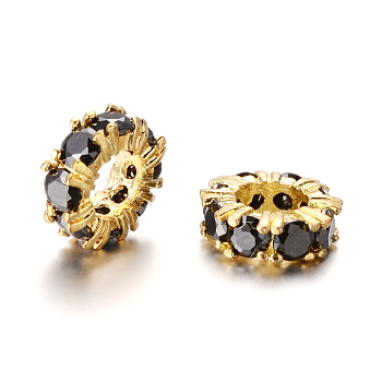 Large Hole Ring Brass Micro Pave Cubic Zirconia Spacer Beads, Golden, Black, 11x4mm, Hole: 5mm