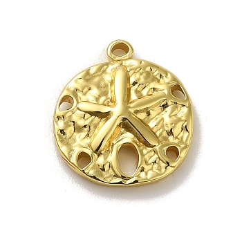 304 Stainless Steel Pendants, Textured, Flat Round with Starfish Charm, Real 18K Gold Plated, 17x15.5x3mm, Hole: 1.4mm