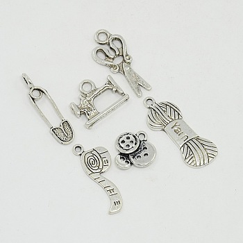 Sewing Knitting Metal Charms Tibetan Style Alloy Pendants, Scissor, Pipe, Safety Pin, Yarn Clew, Button, Sewing Machine Charms, for DIY Jewelry Making and Crafting, Lead Free, Antique Silver, 15~31x6.5~18x1.5~3mm, Hole: 1.5~3mm, 6pcs/set
