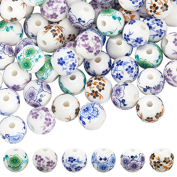 Handmade Flower Printed Porcelain Ceramic Beads, Round, Mixed Color, 10mm, Hole: 2mm, 10pcs/style