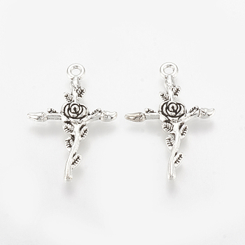 Tibetan Style Alloy Pendants, Cross with Rose, Cadmium Free & Lead Free,, Antique Silver, 34.5x23.5x3mm, Hole: 2mm, about 540pcs/1000g