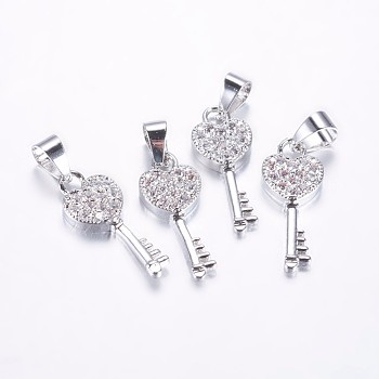 Long-Lasting Plated Brass Micro Pave Cubic Zirconia Pendants, Heart Key, Real Platinum Plated, 18x7x2.5mm, Hole: 3.5mm