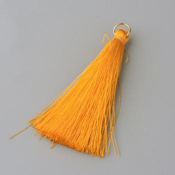Nylon Thread Tassel Big Pendants Decoration, with Brass Findings, Golden, Orange, 63~66x7mm, Hole: 7mm