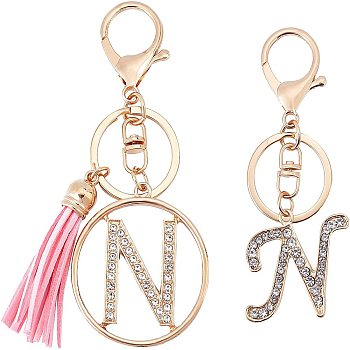 2Pcs 2 Style Alloy Rhinestone Keychain Sets, with Lobster Claw Clasps and PU Leather Tassel, Alphabet, Letter.N, 1pc/style, 98mm, N: 35.5x37x3mm
