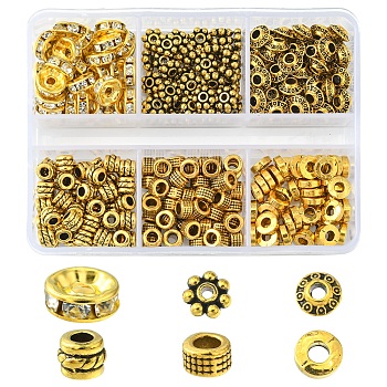 285Pcs 6 Style Iron Rhinestone & Tibetan Style Alloy Spacer Beads, Rondelle & Flower & Donut & Bicone & Column, Antique Golden, 5~8x2~4mm, Hole: 1.5~3mm
