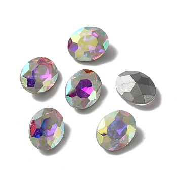 Pointed Back Glass Rhinestone Cabochons, Back Plated, Faceted, Oval, Crystal AB, 10x8x4mm