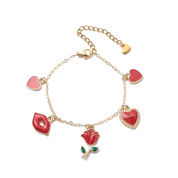 Word Love Heart Lip Rose Alloy Enamel Charms Bracelet, Valentine Theme Brass Jewelry for Women, Red, 6-3/4 inch(17cm)