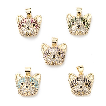 Brass Micro Pave Cubic Zirconia Pendants, Real 16K Gold Plated, Dog Charms, Mixed Color, 16x17x6.5mm, Hole: 5x3mm.