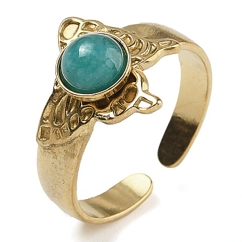 Natural Amazonite Finger Rings, Butterfly 304 Stainless Steel Open Cuff Rings, Real 18K Gold Plated, 13.5mm, Adjustable