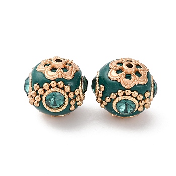 Handmade Resin Indonesia Beads, with Alloy Rhinestone Findings, Round, Teal, 20.5x19mm, Hole: 2mm
