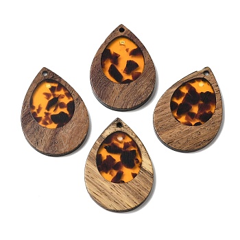 Wood & Resin Pendant, Teardrop Charms, Dark Orange, 38x25.5x3mm, Hole: 2mm