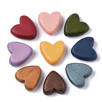 Painted Natural Wood Beads, Heart, Mixed Color, 15.5x15.5x6mm, Hole: 1.5mm
