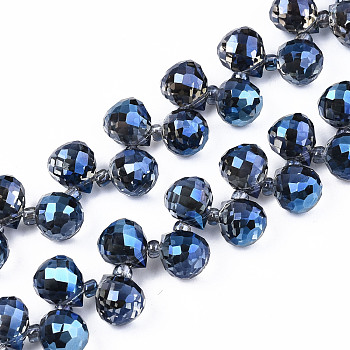 Transparent Glass Beads Strands, Top Drilled Beads, Faceted Teardrop, Marine Blue, Teardrop: 9.5x8mm, Hole: 0.8mm, about 100pcs/strand, 23.62 inch(60cm)