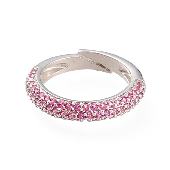 Adjustable Brass Micro Pave Cubic Zirconia Cuff Rings, Open Rings, Long-Lasting Plated, Platinum, Deep Pink, Size 5, 16mm
