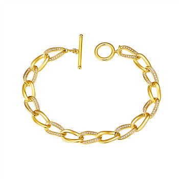 SHEGRACE Brass Curb Chain Bracelets, with Grade AAA Cubic Zirconia and Toggle Clasps, Real 18K Gold Plated, Clear, 7-7/8 inch(20cm)