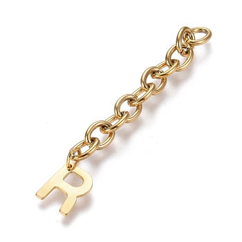 304 Stainless Steel Chain Extender, with Cable Chain and Letter Charms, Golden, Letter.R, 67.5mm, Link: 8x6x1.3mm, Letter R: 11x9x0.7mm
